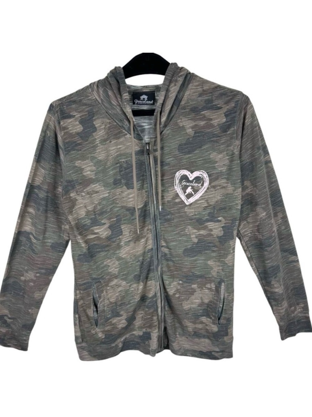 Graceland Home Of Elvis Lightweight Zip Up Hooded Green Camo Long‎ Sleeve Size L